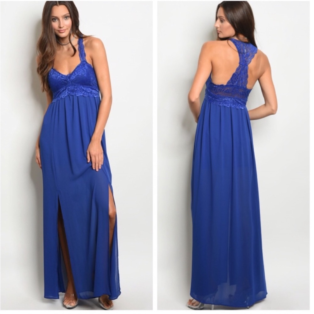 Royal Blue Maxi Dress with Lace Bodice - Picture 1 of 4